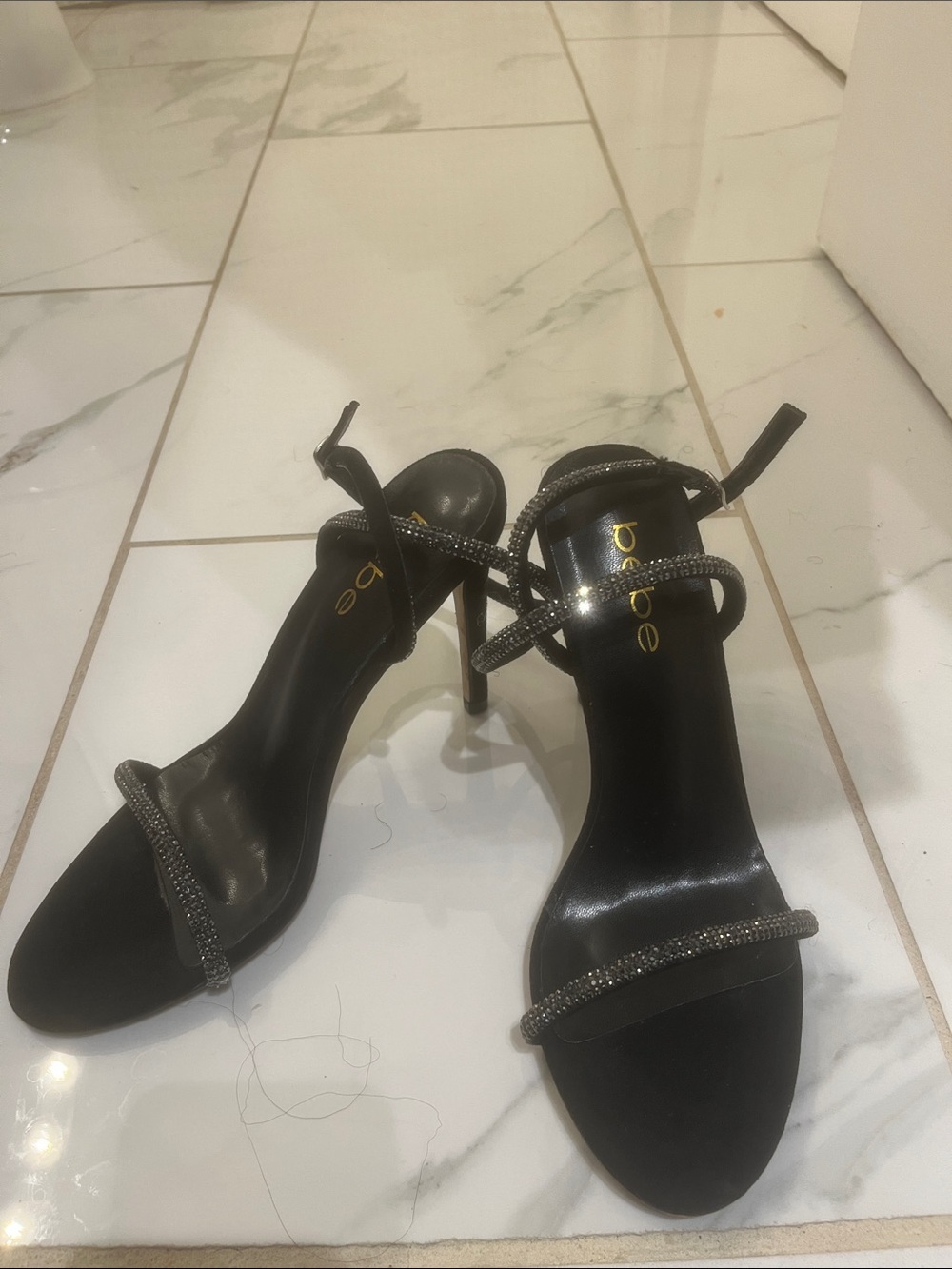 bebe Black Crystal-Strap Stiletto Sandals